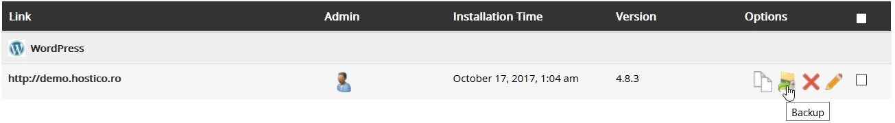 Softaculous-sovelluksen varmuuskopio-osio