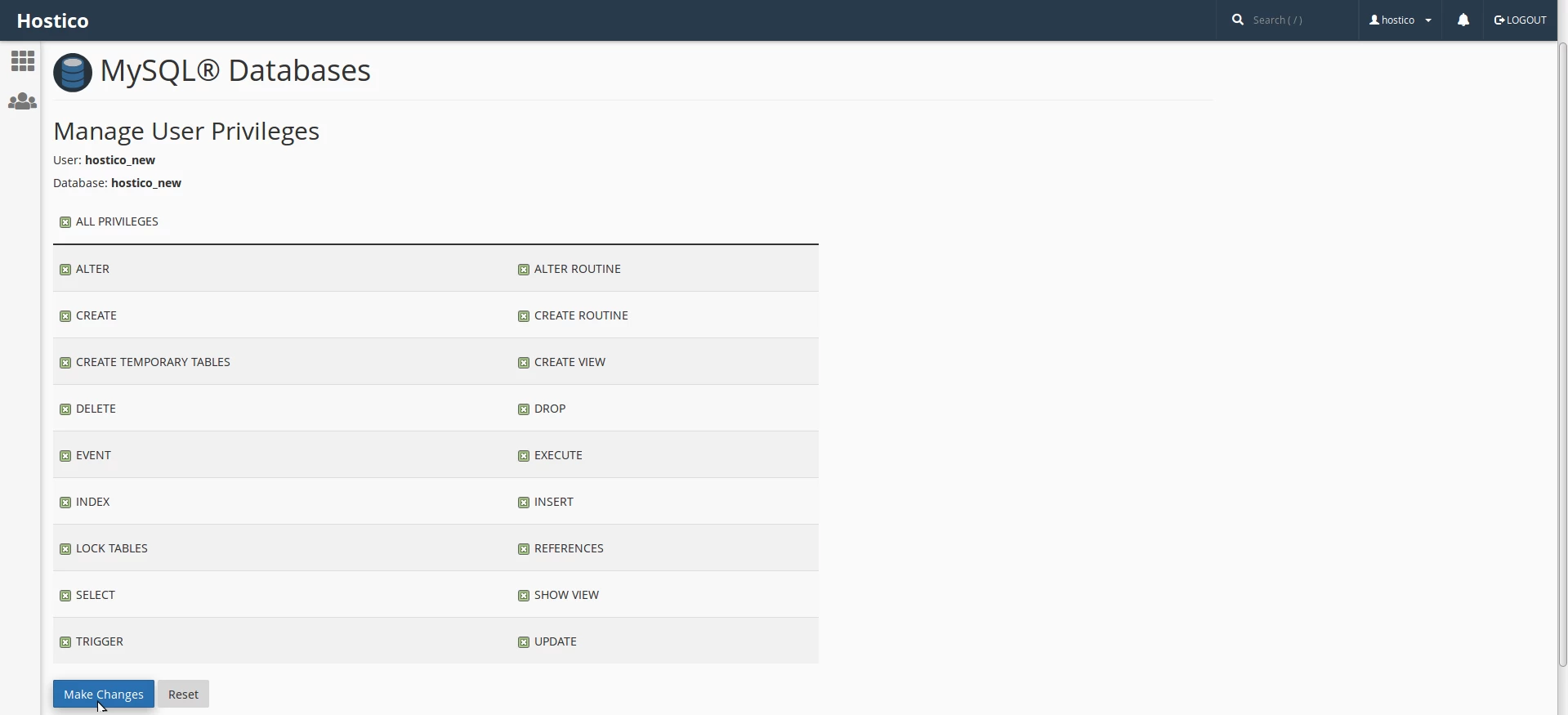 Tietokannan käyttöoikeudet cPanel