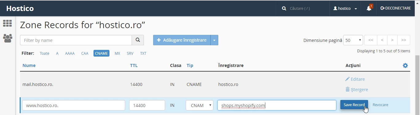 &Icirc;nregistrare CNAME Zone Records cPanel