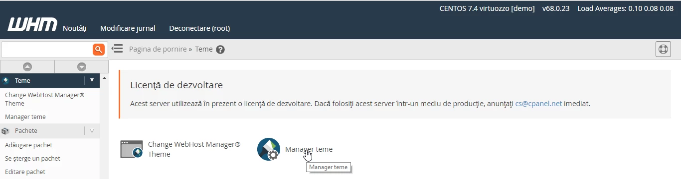 Secțiunea Manager teme cont WHM